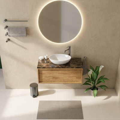 Saniclass Holz Frame Ensemble de meubles de salle de bains - 100x45x43cm - Plan en pierre naturelle Noche dark emperador - 1 trou de robinetterie - 1 tiroir - chêne naturel mat (bois)