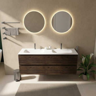 Saniclass Holz Pure Ensemble de meubles de salle de bains - 160x45x61.5cm - Flow lavabo en solid surface blanc - 2 vasques - 2 trous de robinetterie - 4 tiroirs - chêne charcoal mat (bois)
