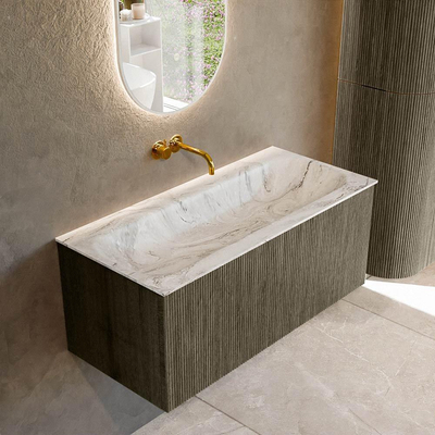 Ensemble de meuble de salle de bain Mondiaz KURVE-DLUX - 100x46x40cm - 1 tiroir - lavabo en solid surface - milieu - sans trou de robinet - Shadow