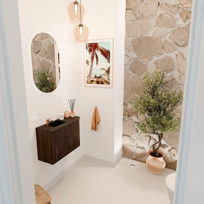 Mondiaz JOYA 61.6cm toiletmeubel - ronding rechts kleur Walnut - Wastafel FAYE positie Links 1 kraangat kleur Urban.