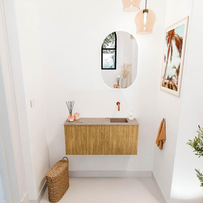 Mondiaz JOYA-DLUX 90cm toiletmeubel - kleur Oak - Wastafel FAYE positie Rechts Zonder kraangat kleur Arena.