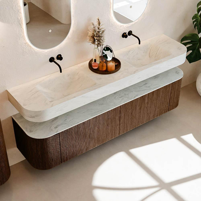 MONDIAZ THOR-DLUX Meuble de salle de bains - 190cm - arrondi gauche + droite - couleur Walnut - 2 tiroirs et 2 portes - Vasque suspendue CLOUD Double sans trou de robinet - couleur Opalo