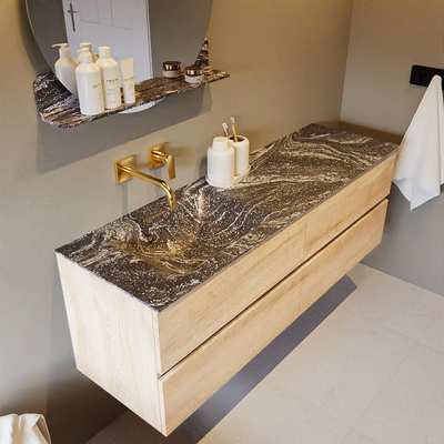 Mondiaz VICA-DLUX ensemble de meuble de salle de bain - 150cm - meuble sous-vasque chêne blanchi - 4 tiroirs - lavabo encastré cloud gauche - sans trous de robinet - miroir modèle spot - version XL 60cm de haut - lave