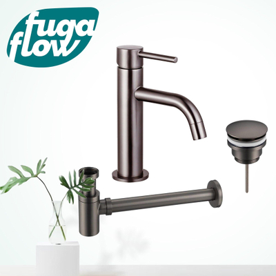FugaFlow Eccelente Sobrado Badkamer Slim Wastafelkraanset - lage wastafelkraan - klikwaste plug - verlaagde design sifon - PVD Gepolijst Gunmetal