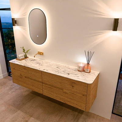 Mondiaz CIRO-DLUX Badkamermeubelset - 180x45x50cm - Solid surface wastafel Glace - 1 wasbak Links - zonder kraangaten - 4 lades - Oak