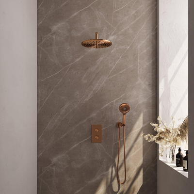 Ensemble de douche pluie encastré Brauer Copper Carving - douche principale 30 cm - bouton Carving - douchette ronde 3 positions - PVD - cuivre brossé