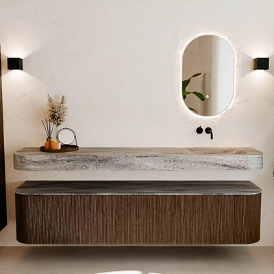 MONDIAZ THOR-DLUX 200cm meuble de salle de bains arrondi gauche + droite couleur Walnut avec 2 tiroirs et 2 portes. Vasque suspendue CLOUD Droite sans trou de robinet couleur Oza.