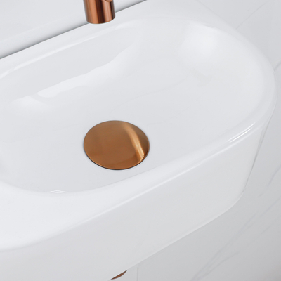 QeramiQ Fuente Ensemble de Lavabo - 40x21.5x12cm - lisse - demi-rond - céramique - ensemble de robinet en cuivre brossé - bouchon de vidange - siphon abaissé - blanc brillant
