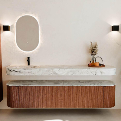 MONDIAZ THOR-DLUX Meuble de salle de bains - 200cm - arrondi gauche + droite - couleur Ruby - 2 tiroirs et 2 portes - Vasque suspendue CLOUD Gauche 1 trou de robinet - couleur Glace