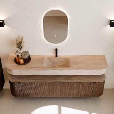 MONDIAZ THOR-DLUX 190cm badmeubel ronding links + rechts kleur Walnut met 2 lades en 2 deuren. Vrijhangende wastafel CLOUD Midden 1 kraangat kleur Saba.
