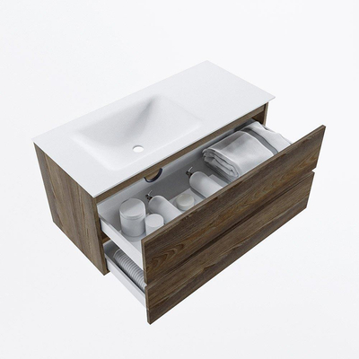 Mondiaz VICA ensemble de meuble de salle de bain - 100cm - meuble sous-vasque marron foncé gris - 2 tiroirs - lavabo cloud gauche - sans trous de robinet - version haute de 60cm - talc