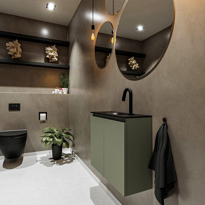 MONDIAZ TURE Fonteinset - 60x23x50cm - 1 kraangat - 2 deuren - army mat - Wasbak midden - Solid Surface Zwart