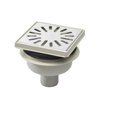 Aquaberg regard en plastique avec sortie inférieure 50 mm grille inox réglable 146x146 mm avec garde d'eau PPC 50 mm vertical 30/horizontal 15 mm