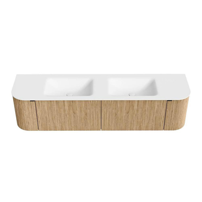 MONDIAZ KURVE Meuble de salle de bains 180 cm avec module 25 Len R couleur Oak avec 2 tiroirs et 2 portes. Lavabo CLOUD double 2 trous de robinet Talc.