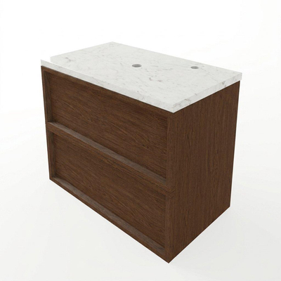 Saniclass Holz Frame Ensemble meuble de salle de bains - 80x45x63cm - Plan vasque en marbre Dia poli (blanc) - 1 trou de robinetterie - 2 tiroirs - walnut pure mat (bois)