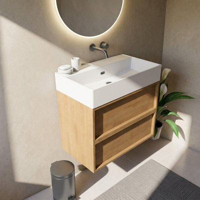 Ensemble meuble de salle de bains Saniclass Holz Frame - 80x45x72cm - lavabo Legend en céramique blanc mat - 1 vasque - sans trou de robinetterie - 2 tiroirs - chêne natural mat (bois)