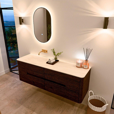 Mondiaz CIRO-DLUX Ensemble de meubles de salle de bains - 150x45x50cm - lavabo Solid surface Meli - 1 vasque à gauche - sans trous de robinet - 4 tiroirs - Noyer