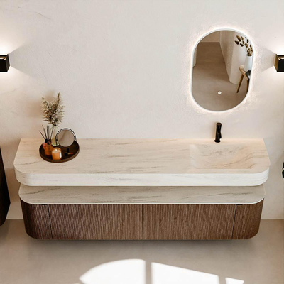 MONDIAZ THOR-DLUX 200cm badmeubel ronding links + rechts kleur Walnut met 2 lades en 2 deuren. Vrijhangende wastafel CLOUD Rechts 1 kraangat kleur Meli.