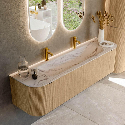 MONDIAZ KURVE-DLUX 170cm badmeubel ronding Links + Rechts kleur Oak met 1 lade en 2 deuren. Wastafel BIG LARGE Midden 2 kraangaten Nata.