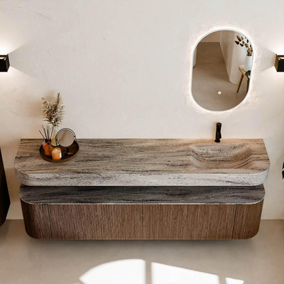 MONDIAZ THOR-DLUX 200cm badmeubel ronding links + rechts kleur Walnut met 2 lades en 2 deuren. Vrijhangende wastafel CLOUD Rechts 1 kraangat kleur Oza.