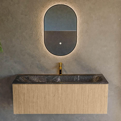 MONDIAZ KURVE-DLUX 120cm badmeubel kleur Oak met 1 lade. Wastafel BIG LARGE midden 1 kraangat kleur Lava.