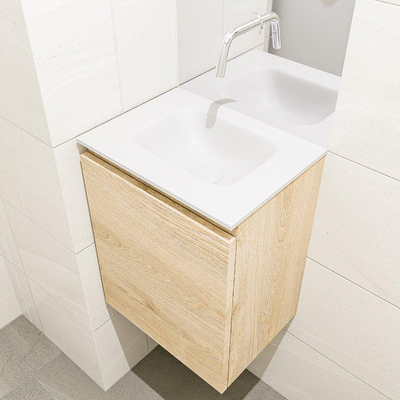 MONDIAZ OLAN Meuble de toilette 40x30x40cm avec 0 trous de robinet 1 tiroirs chêne blanchi mat Lavabo Lex milieu Solid Surface Blanc