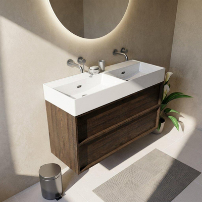 Saniclass Holz Frame Ensemble meuble de salle de bains - 120x45x72cm - Legend lavabo en céramique blanc - 2 vasques - sans trous de robinetterie - 2 tiroirs - chêne charcoal mat (bois)