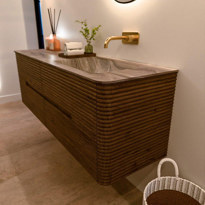 Mondiaz CIRO-DLUX Meuble de salle de bains ensemble - 150x45x50cm - Plan vasque solid surface Sombra - 1 lavabo à droite - sans trous de robinet - 4 tiroirs - Dusk