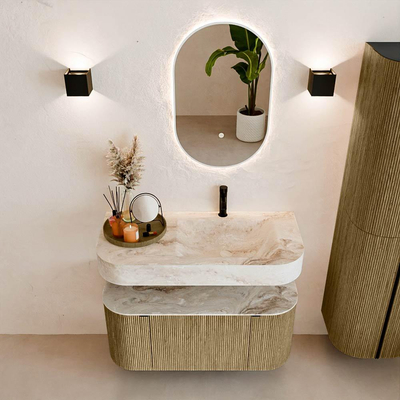 MONDIAZ THOR-DLUX 100cm badmeubel ronding links + rechts kleur Dusk met 1 lade en 2 deuren. Vrijhangende wastafel CLOUD Rechts 1 kraangat kleur Frappe.