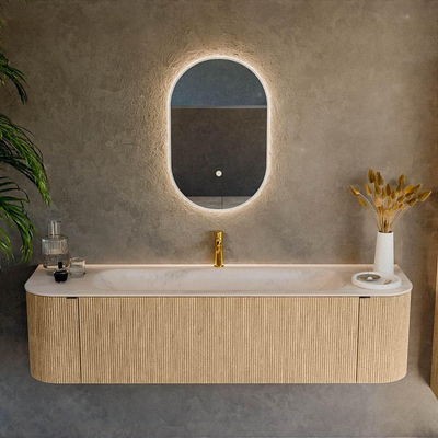 MONDIAZ KURVE-DLUX Meuble de salle de bains 170cm arrondi Gauche + Droite couleur Chêne avec 1 tiroir et 2 portes. Lavabo BIG LARGE Central 1 trou de robinet Meli.