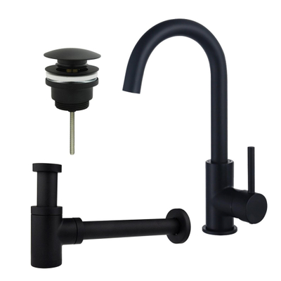 FugaFlow Eccelente Sobrado Kit robinet lavabo - robinet haut - bec rotatif - bonde clic clac - siphon design bas - Noir mat