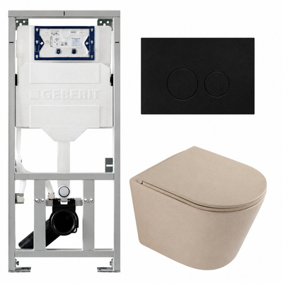 QeramiQ Dely Pack WC - 36,3x51,7cm - à fond creux - sans bride - réservoir encastré Geberit UP320 - abattant WC à fermeture douce - plaque de commande en métal noir mat - boutons ronds - beige mat