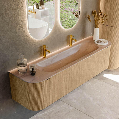 MONDIAZ KURVE-DLUX Meuble de salle de bains 170cm arrondi Gauche + Droite couleur Chêne avec 1 tiroir et 2 portes. Lavabo BIG LARGE Central 2 trous de robinet Saba.