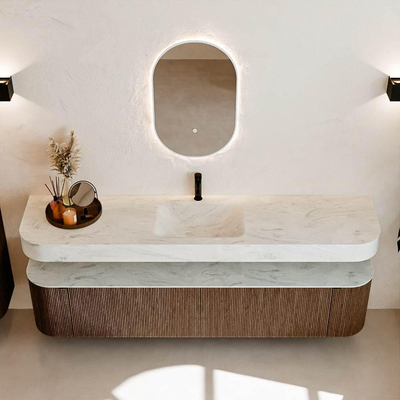 MONDIAZ THOR-DLUX 200cm meuble de salle de bains arrondi gauche + droite couleur Walnut avec 2 tiroirs et 2 portes. Vasque suspendue CLOUD Milieu 1 trou de robinet couleur Opalo.