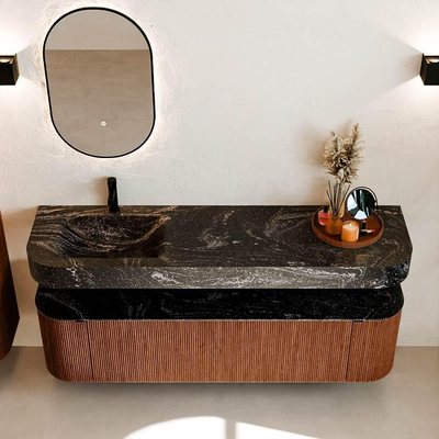 MONDIAZ THOR-DLUX 170cm meuble de salle de bains arrondi gauche + droite couleur Ruby avec 1 tiroir et 2 portes. Vasque suspendue CLOUD Gauche 1 trou de robinet couleur Lava.