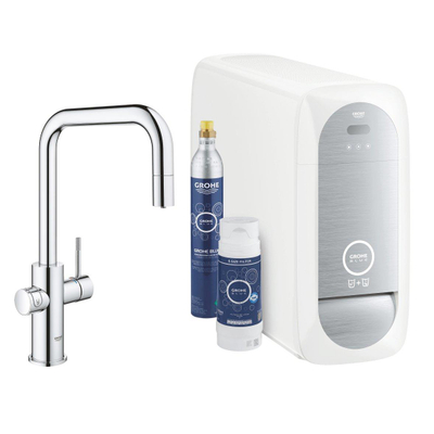 GROHE Blue Home Robinet de cuisine - bec en U extractible - 1 trou - fonction de filtration - eau plate légère et gazeuse - chrome