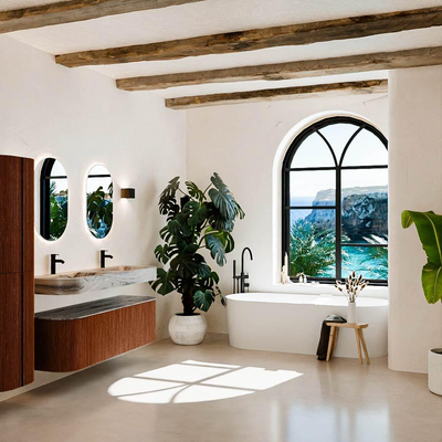 MONDIAZ THOR-DLUX 150cm meuble de salle de bains arrondi gauche + droite couleur Ruby avec 1 tiroir et 2 portes. Vasque suspendue CLOUD Double 2 trous de robinet couleur Sombra.