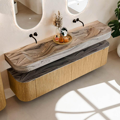 MONDIAZ THOR-DLUX Meuble de salle de bains 190cm arrondi gauche + droite couleur Oak avec 2 tiroirs et 2 portes. Vasque suspendue CLOUD Double sans trou de robinet couleur Sombra.