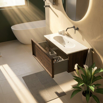 Saniclass Holz Frame Ensemble meuble de salle de bains - 100x45x53.9cm - Lavabo en céramique Chaci blanc - 1 vasque - sans trou de robinet - 1 tiroir - chêne charcoal mat (bois)