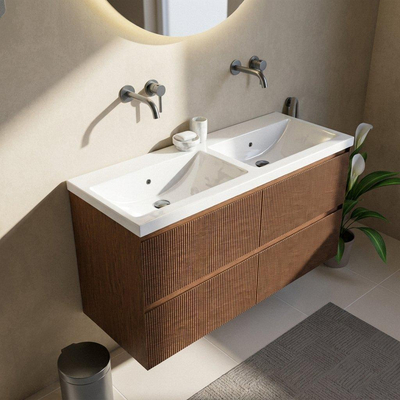 Saniclass Holz Atelier Ensemble meuble de salle de bains - 120x45x63.5cm - Lavabo Bari en céramique blanc - 2 vasques - sans trous de robinetterie - 2 tiroirs - walnut pure mat (bois)