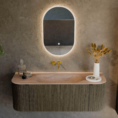 MONDIAZ KURVE-DLUX Meuble de salle de bains 130cm arrondi Gauche + Droite couleur Shadow avec 1 tiroir et 2 portes. Lavabo BIG SMALL Central sans trou de robinet Saba.