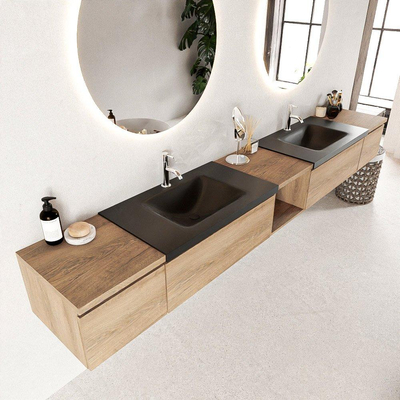 MONDIAZ BUKLA 280cm badmeubel met open module 40 midden kleur Washed Oak met 4 lades. Wastafel CLOUD dubbel 2 kraangaten kleur Urban.