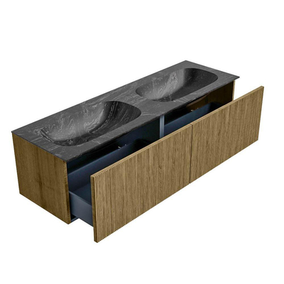 Mondiaz KURVE-DLUX Ensemble meuble de salle de bains - 150x46x40cm - 2 tiroirs - vasque solid surface - double - 2 trous de robinet - Dusk