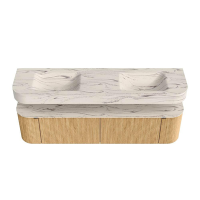 MONDIAZ THOR-DLUX 180cm meuble de salle de bains arrondi gauche + droite couleur Oak avec 2 tiroirs et 2 portes. Vasque suspendue CLOUD Double sans trou de robinet couleur Nata.
