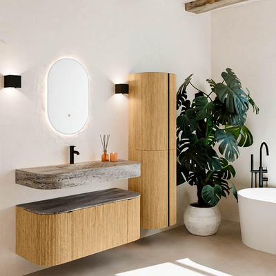 MONDIAZ THOR-DLUX 110cm badmeubel ronding links + rechts kleur Oak met 1 lade en 2 deuren. Vrijhangende wastafel CLOUD Midden 1 kraangat kleur Oza.