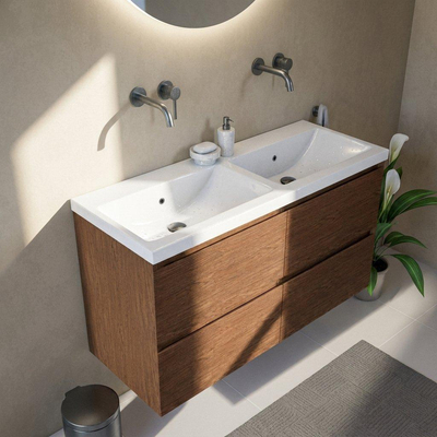Saniclass Holz Pure Ensemble de meubles de salle de bains - 120x45x63.5cm - Lavabo Bari en céramique blanc - 2 vasques - sans trous de robinetterie - 4 tiroirs - walnut pure mat (bois)