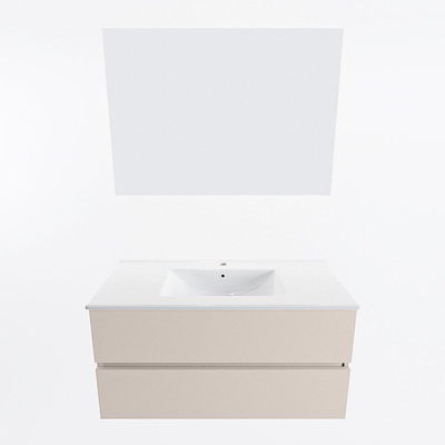 Mondiaz VICA ensemble de meuble de salle de bain - 100cm - meuble sous-vasque lin - 2 tiroirs - lavabo denia milieu - 1 trou de robinet - couleur Blanc Brillant - miroir LED - version XL 60cm haut