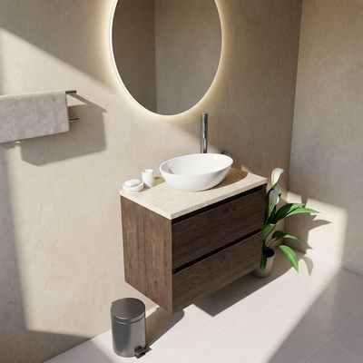 Saniclass Holz Pure Ensemble meuble de salle de bains - 80x45x63cm - Plan de toilette en pierre naturelle travertin - 1 trou de robinet - 2 tiroirs - chêne charcoal mat (bois)