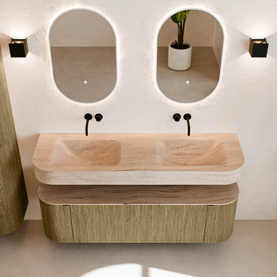 MONDIAZ THOR-DLUX 150cm meuble de salle de bains arrondi gauche + droite couleur Dusk avec 1 tiroir et 2 portes. Vasque suspendue CLOUD Double sans trou de robinet couleur Saba.