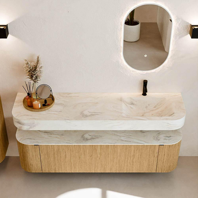 MONDIAZ THOR-DLUX 170cm badmeubel ronding links + rechts kleur Oak met 1 lade en 2 deuren. Vrijhangende wastafel CLOUD Rechts 1 kraangat kleur Ostra.